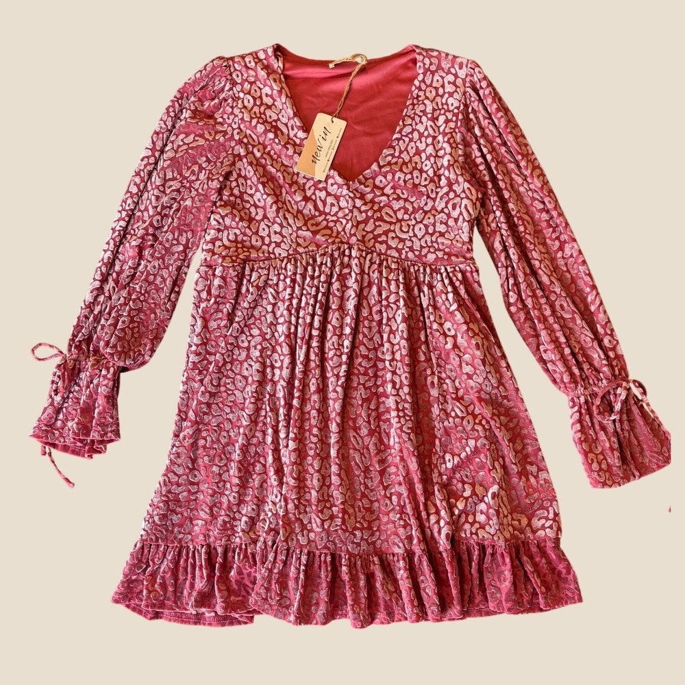 New In Leopard Burnout Velvet Babydoll Mini Dress Mauve Pink V-Neck Medium NWT - Picture 6 of 13
